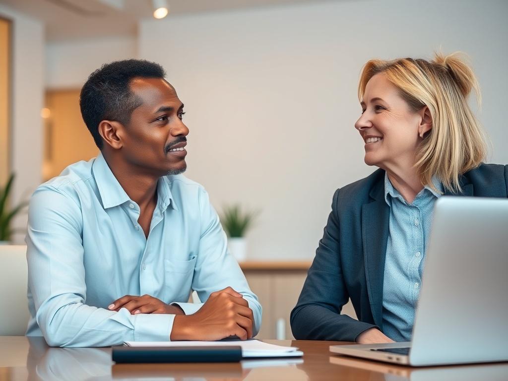 A high-resolution image of a professional credit repair consultant sitting at a desk, actively engaged in a conversation with a client. The consultant has a focused expression, and the client appears relieved and hopeful. The background features modern office décor with a calming color palette, symbolizing professionalism and trust.