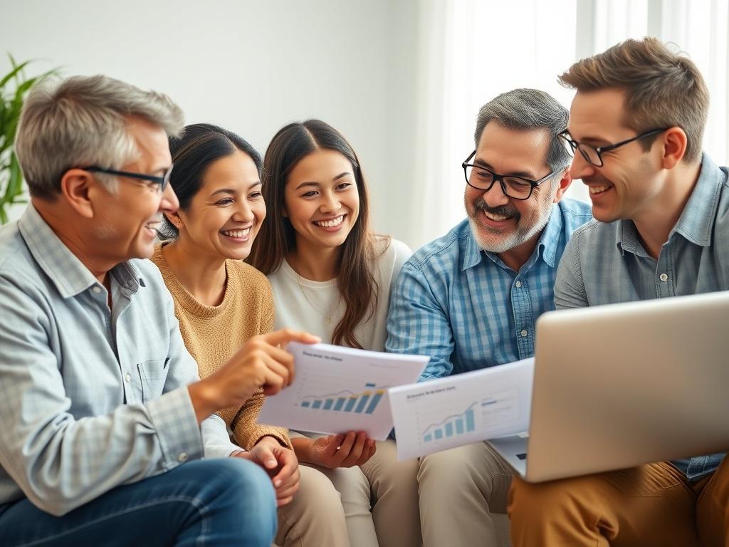 A close up shot of a family sitting together with