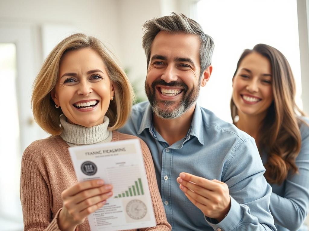 A close up shot of a happy client celebrating financial