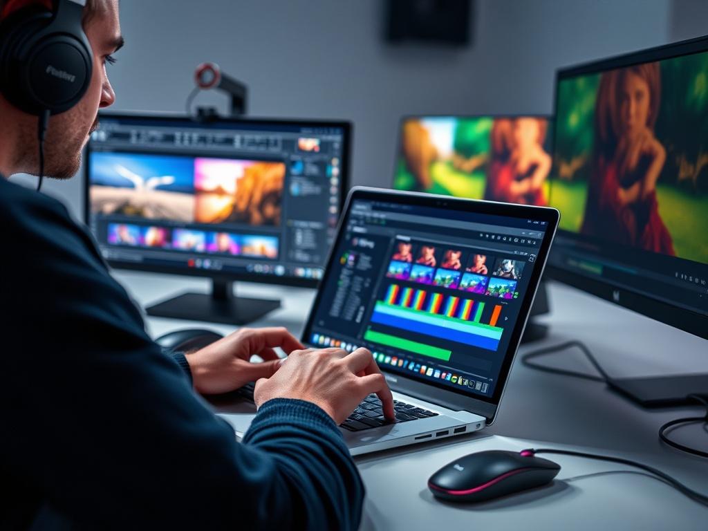A close-up shot of a professional video editor working on a laptop, editing video footage with vibrant colors displayed on the screen. The editor is focused, wearing headphones, with tools like a mouse and external monitor visible in the background. The workspace is clean and organized, showcasing an atmosphere of creativity and professionalism. Soft lighting highlights the detail in the editing process, creating a visually appealing and dynamic scene.