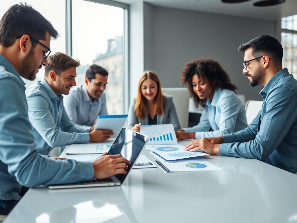A close-up shot of a digital advertising strategy meeting in a modern office setting. The image captures a diverse group of professionals collaborating over digital marketing materials on a sleek table. They are analyzing charts and graphs on laptops, showing engagement metrics. The background features a bright, minimalistic office with large windows allowing natural light to illuminate the scene. The color palette includes shades of blue, aligning with the rgb(2, 86, 197) primary color. The focus is on the