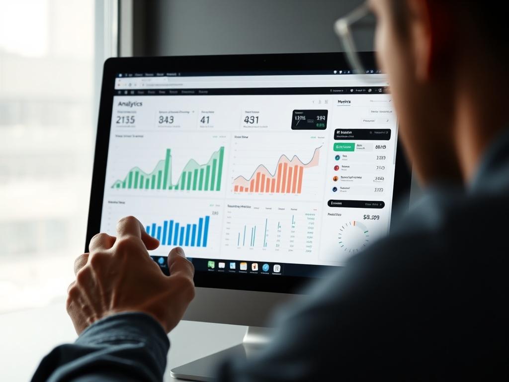 A close-up shot of a person analyzing website analytics on a computer screen, with graphs and metrics displayed. The background is simple and modern, emphasizing the focus on the screen. The image is rendered in high-resolution with a hyper-realistic style, shot with a 45mm f/1.2 lens. The primary color of the image complements the RGB(2, 86, 197) theme.