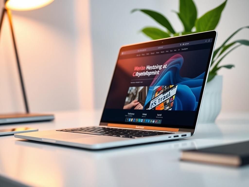 A hyper-realistic close-up shot of a modern laptop displaying a beautifully designed website on the screen. The laptop is placed on a clean, minimalistic desk with a soft-focus background that includes a lush green plant and a warm light source illuminating the scene. The composition conveys professionalism and creativity, emphasizing the importance of website development.