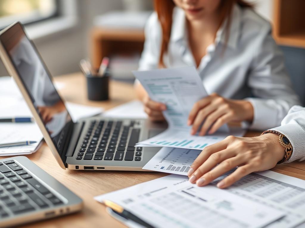 A close-up shot of a professional bookkeeper working at a desk, surrounded by financial documents and a laptop. The background is softly blurred, highlighting the focus on the bookkeeper, who is reviewing figures on a spreadsheet. The scene should convey a sense of professionalism and organization.