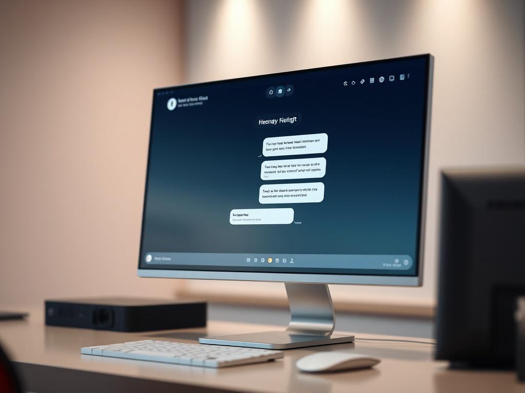 A hyper-realistic close-up image of a modern AI receptionist interface on a sleek computer screen. The background should be minimalistic, with soft colors that suggest a high-tech atmosphere. The focus should be on the screen, showcasing a friendly chat interface with text bubbles.
