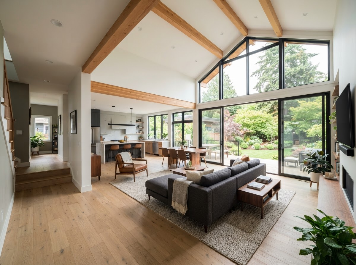 Home addition showing new open-concept living room with large windows