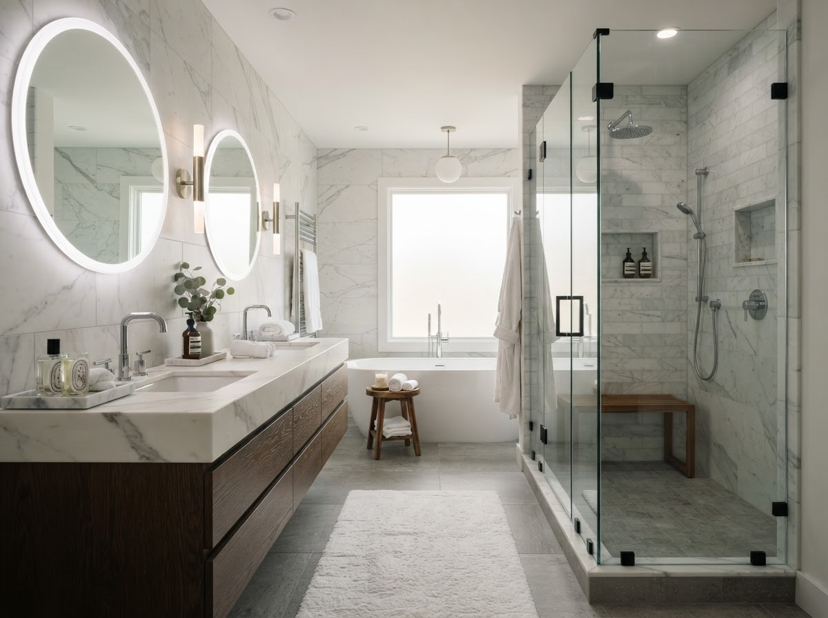 Luxury bathroom renovation with marble countertops and modern shower