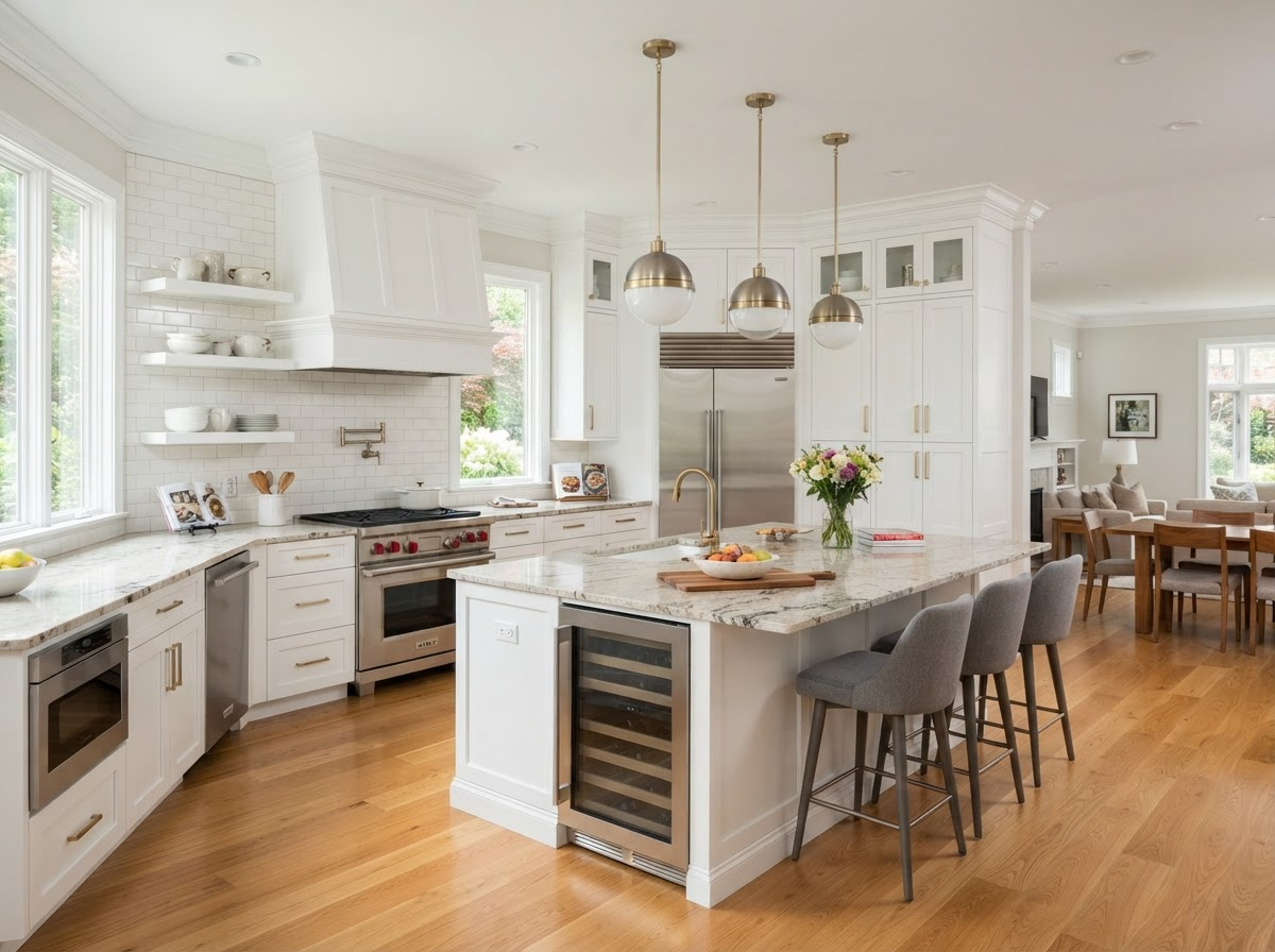 Modern luxury kitchen remodel with white cabinetry and granite countertops