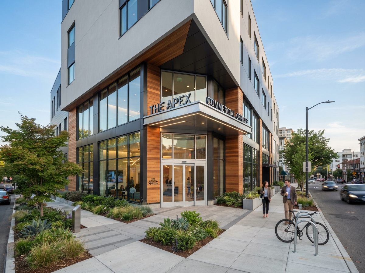 Commercial building renovation with modern facade and storefront