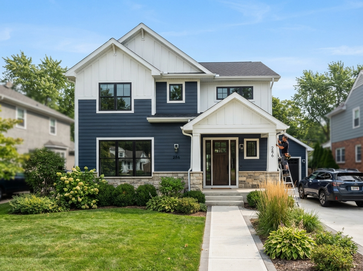 Professional home siding installation with new fiber cement siding