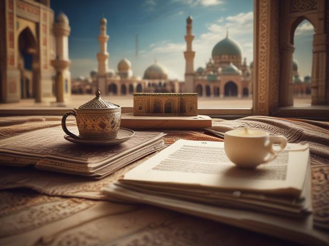 Create a highly realistic, high-resolution photo that reflects a blog titled "The Journey of Understanding Islam." The composition should be simple and clear, featuring a single subject at the center of the frame—a thoughtful Muslim individual, preferably a middle-aged person with a serene expression, dressed in traditional attire, such as a loose-fitting thobe or hijab, symbolizing dedication and reflection. The individual should be engaged in deep contemplation or reading a book on Islamic teachings, capt