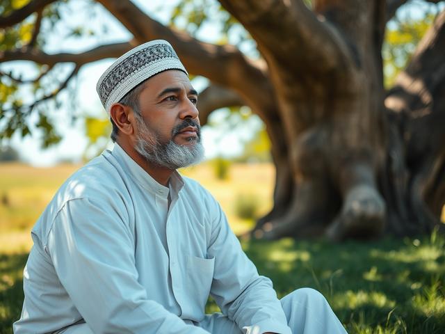 Create a realistic, high-resolution photo titled "The Journey of Faith." The composition should be simple and clear, featuring a single subject: a middle-aged Muslim man in traditional attire, such as a white thobe and a kufi cap. He should be sitting in a serene outdoor setting, perhaps under the shade of an ancient tree, looking contemplatively toward the horizon, symbolizing reflection and the search for deeper meaning.

Capture his expression with a sense of peace and introspection, as if he is deep in thought about his transformative journey of faith in Islam. The background should be softly blurred to enhance the focus on the subject while showcasing a tranquil natural environment—green grass, gentle sunlight filtering through leaves, and a clear blue sky, hinting at a serene atmosphere.

Utilize a hyper-realistic approach, shot with a 45mm f/1.2 lens style to create a shallow depth of field that emphasizes the man's face and attire, while maintaining a vibrant color palette compatible with rgb(50, 170, 39). The overall mood should convey a sense of peace, reflection, and spiritual growth, inviting viewers to connect with the profound insights and personal reflections surrounding the journey of faith in Islam.