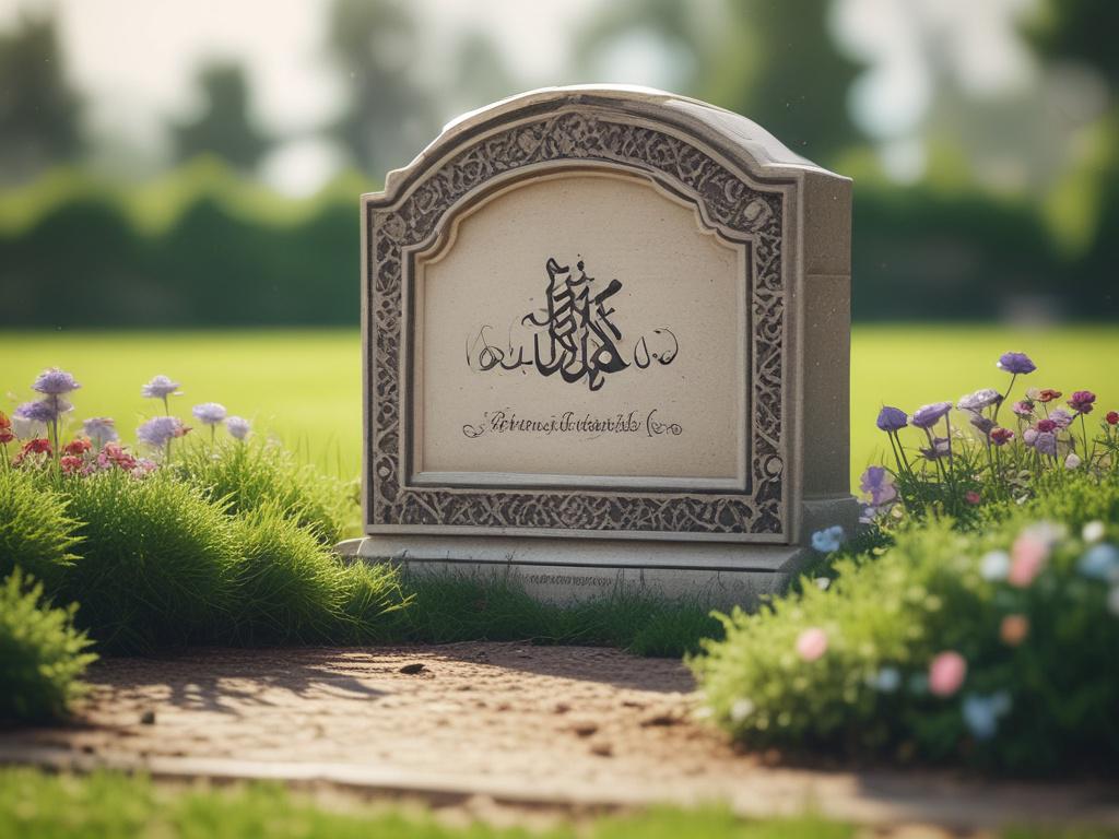 A serene and tranquil Islamic grave set in a peaceful cemetery. The grave features elegant Arabic calligraphy engraved on a beautifully crafted tombstone. Surrounding it are lush green grass and delicate wildflowers. The background showcases a clear blue sky, emphasizing a calm and respectful atmosphere. The composition captures the beauty and simplicity of the grave, focusing on the intricate details of the tombstone and the natural surroundings.