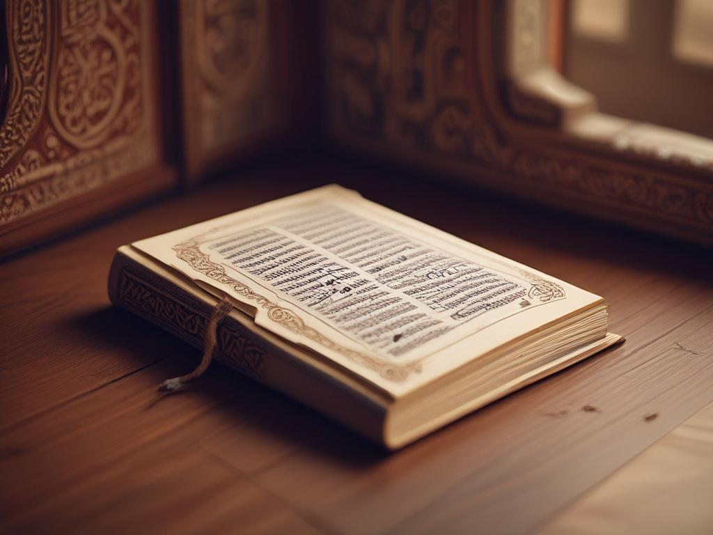 A close-up shot of an open Quran with intricate calligraphy, resting on a wooden table. The background is softly blurred, highlighting the book's details, with warm, natural lighting creating an inviting atmosphere.