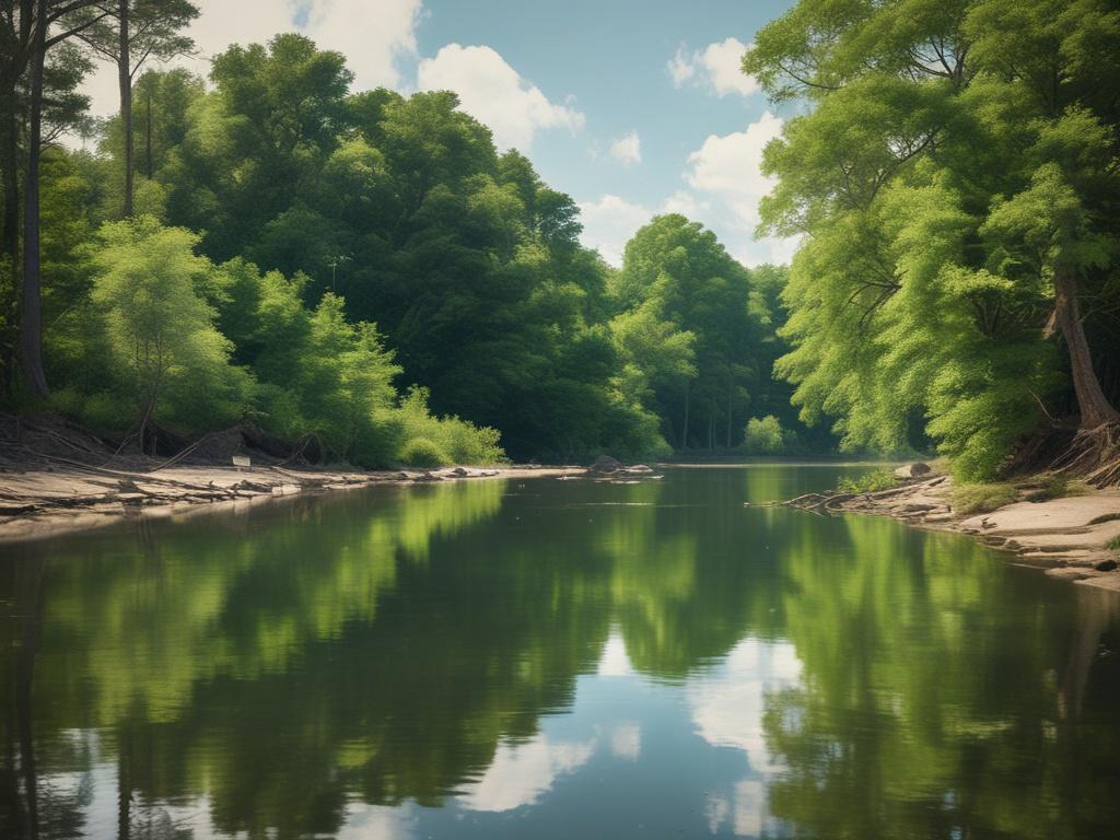 A realistic high resolution of a tranquil river surrounded by