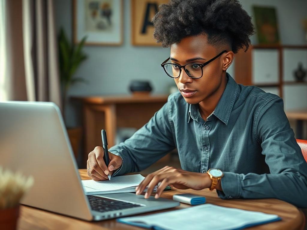 Create a highly detailed, realistic high-resolution photo that embodies the concept of one-on-one English tutoring. The image should feature a focused and engaged learner, sitting at a desk in a cozy, well-lit study environment. 

**Composition:**
- Place the single subject—a young adult learner, appearing attentive and motivated—at the center of the frame.
- The learner should be studying with an open notebook and a laptop, reflecting a serious yet relaxed attitude towards their English studies.

**Subject