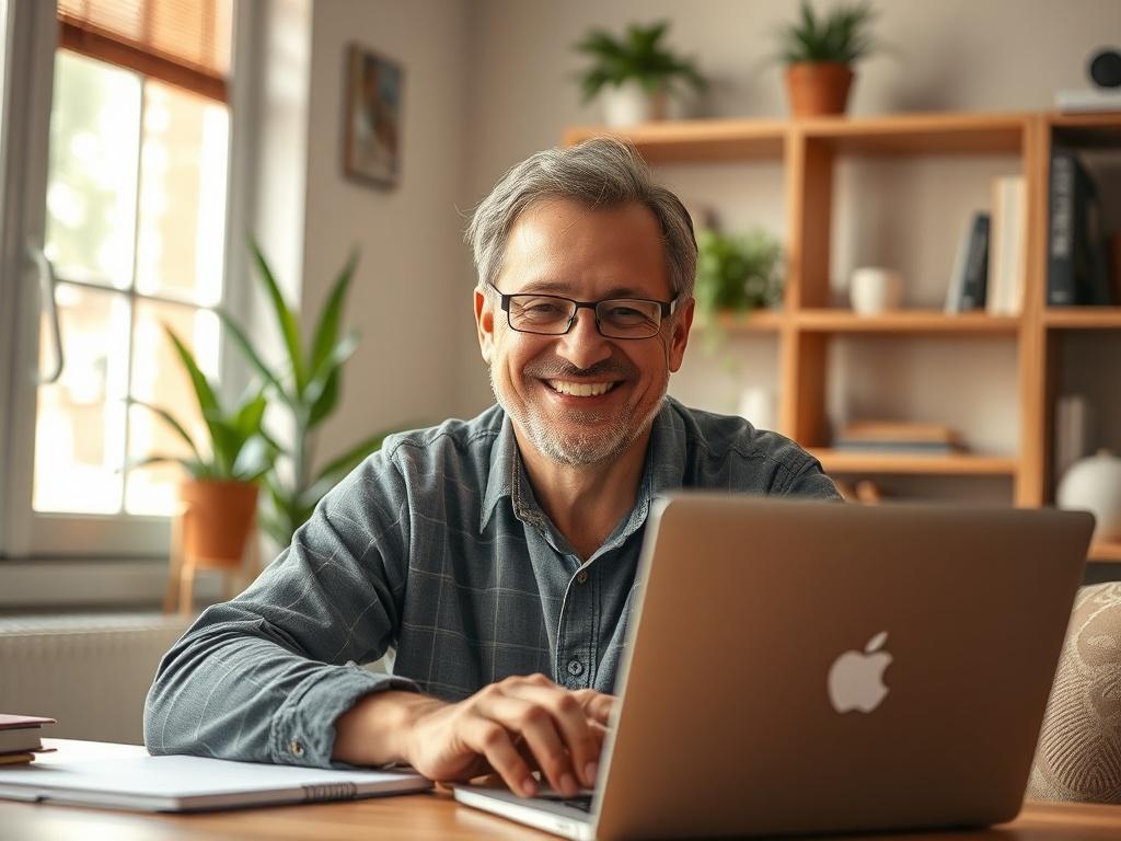 Prompt for AI Image Generator:

Create a realistic high-resolution photo featuring a single adult English language learner, depicting a moment of joy and satisfaction. The subject should be a middle-aged adult, smiling broadly as they engage with a laptop, showcasing a sense of accomplishment and engagement in their learning process. 

The background should be a cozy, well-lit study environment, with soft natural light filtering through a window, providing a warm and inviting atmosphere. Include elements li