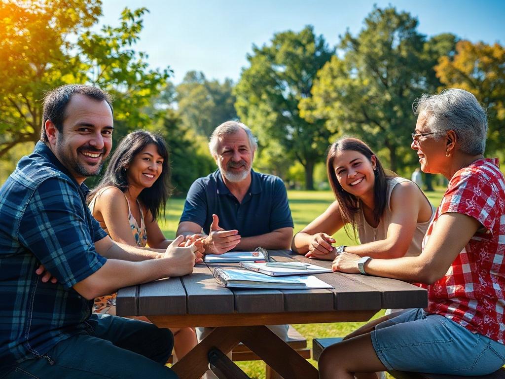 Create a realistic high-resolution image focusing on a single subject: a cheerful, diverse group of adult learners engaged in an interactive English lesson outdoors on a sunny day. The group should consist of three to five individuals, representing different ethnic backgrounds, actively participating in discussions while sitting comfortably at a picnic table surrounded by lush greenery, trees, and a vibrant blue sky. 

The composition should clearly convey a relaxed yet focused learning environment, emphasi
