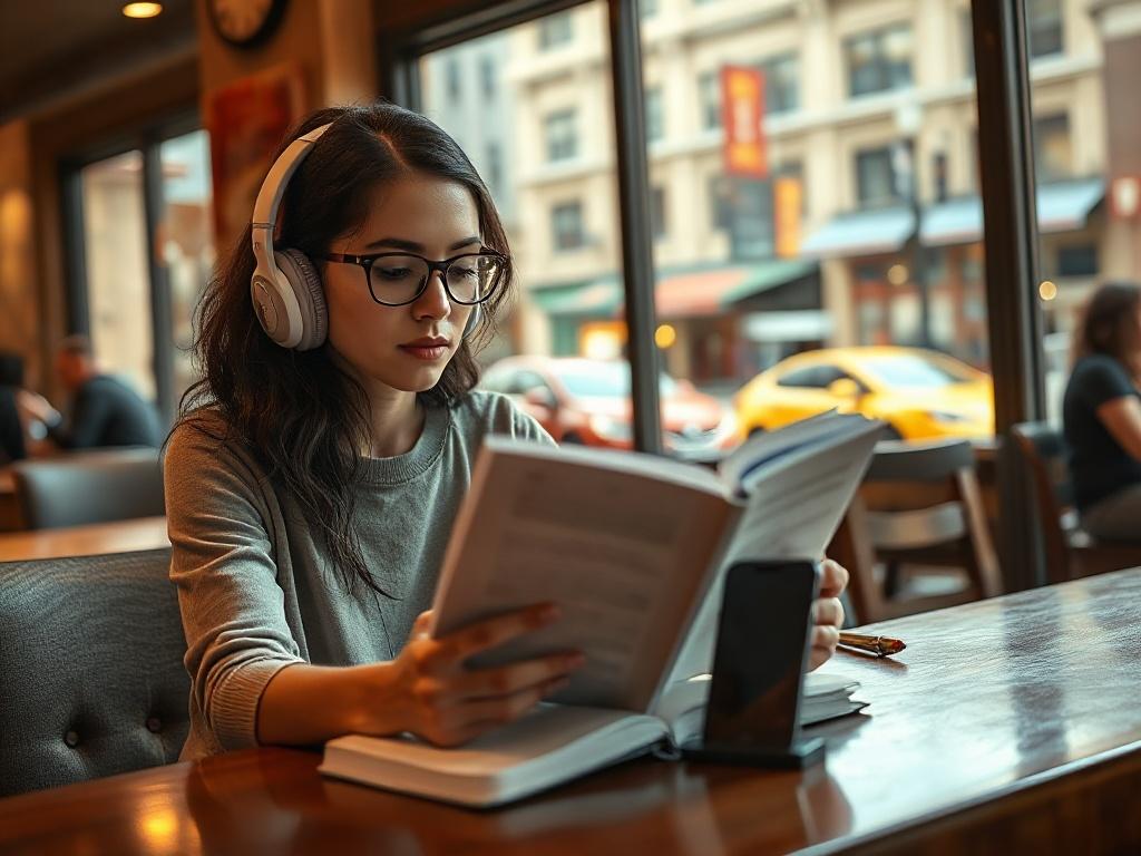 Create a realistic high-resolution photo featuring a young adult woman sitting at a cozy café table, deeply engaged in reading an English language book. She has a focused and determined expression, with a notebook and a pen beside her, indicating she is taking notes. The café is warmly lit, creating an inviting atmosphere with rustic wooden furniture and a backdrop showcasing a large window with bright natural light filtering in. Outside the window, you can see a bustling street in a typical American city, 