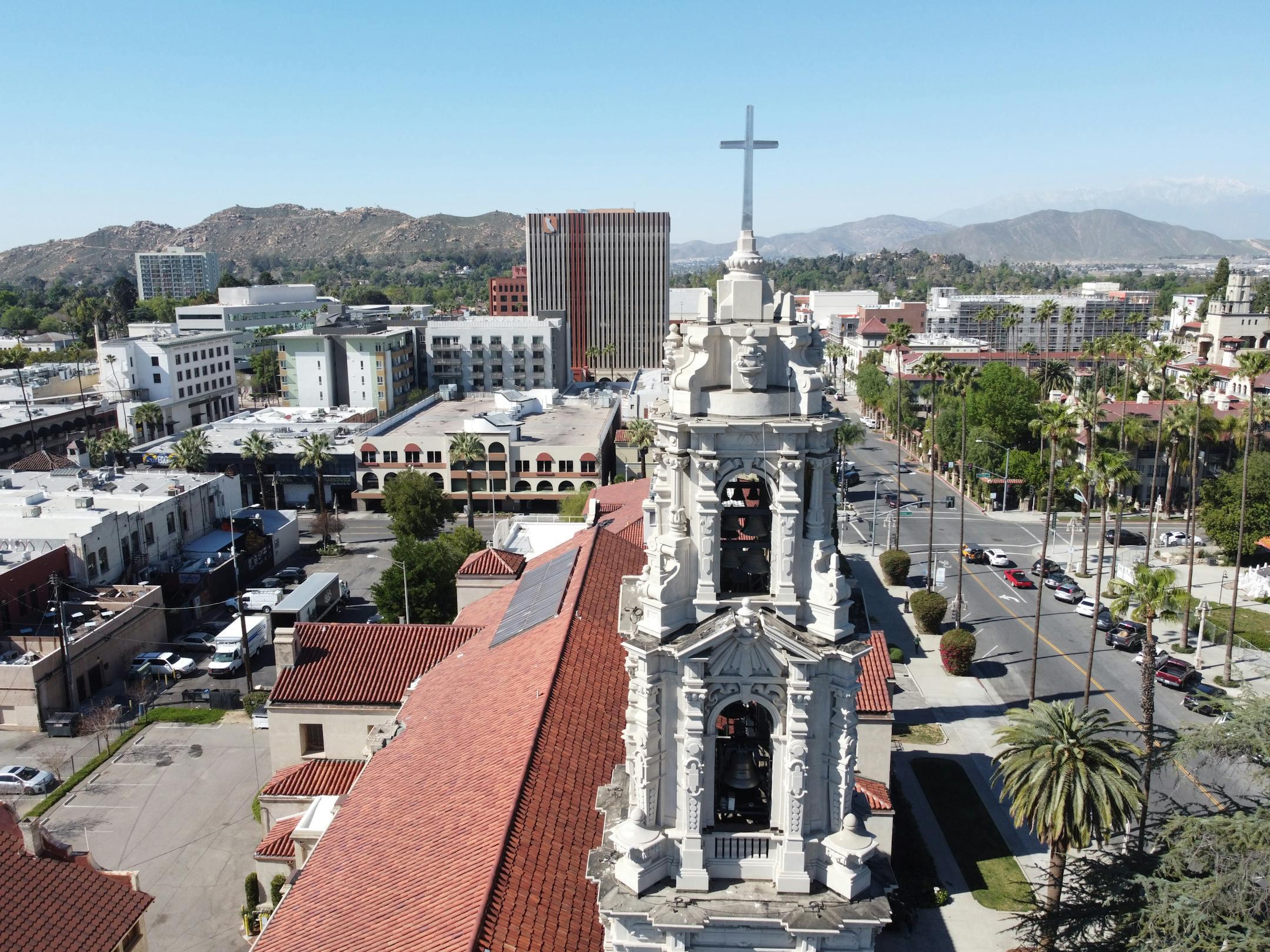 Explore a stunning aerial shot of downtown, around the corner from a center for English Classes in Riverside, CA