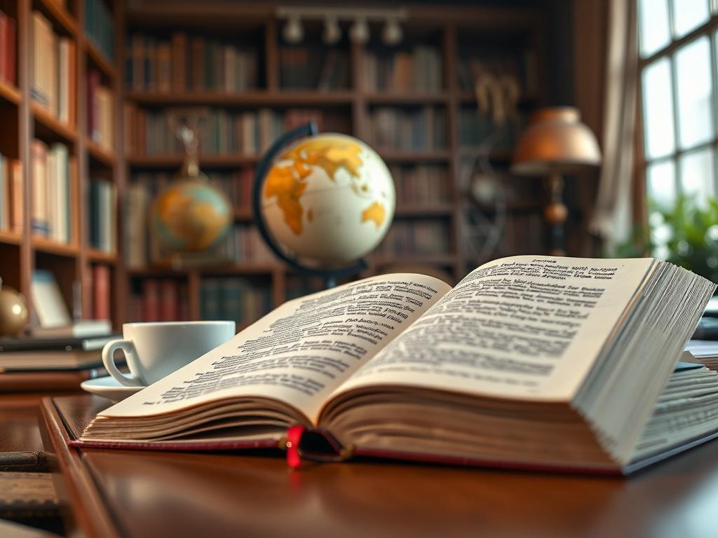 **AI Image Generation Prompt:**

Create a realistic high-resolution photo that illustrates the concept of the blog titled "Not All English Is the Same! American vs. Imperial English." The image should feature a single, compelling subject: a close-up of an open American English dictionary, with pages slightly turning to suggest active reading. The background should be an inviting study or library setting, filled with wooden shelves of books, a globe, and a desk with a steaming cup of coffee, creating a warm 