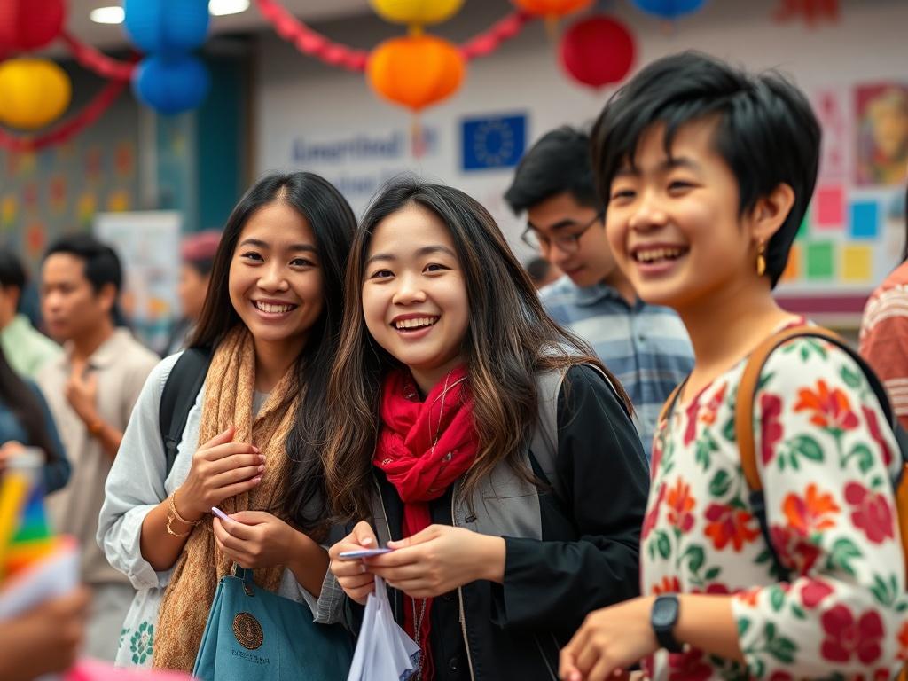 A close-up shot of a lively cultural event at American English Institute, showcasing students from diverse backgrounds sharing experiences and enjoying activities together. The scene should capture smiles, interactions, and a sense of camaraderie, with colorful decorations and learning materials in the background.