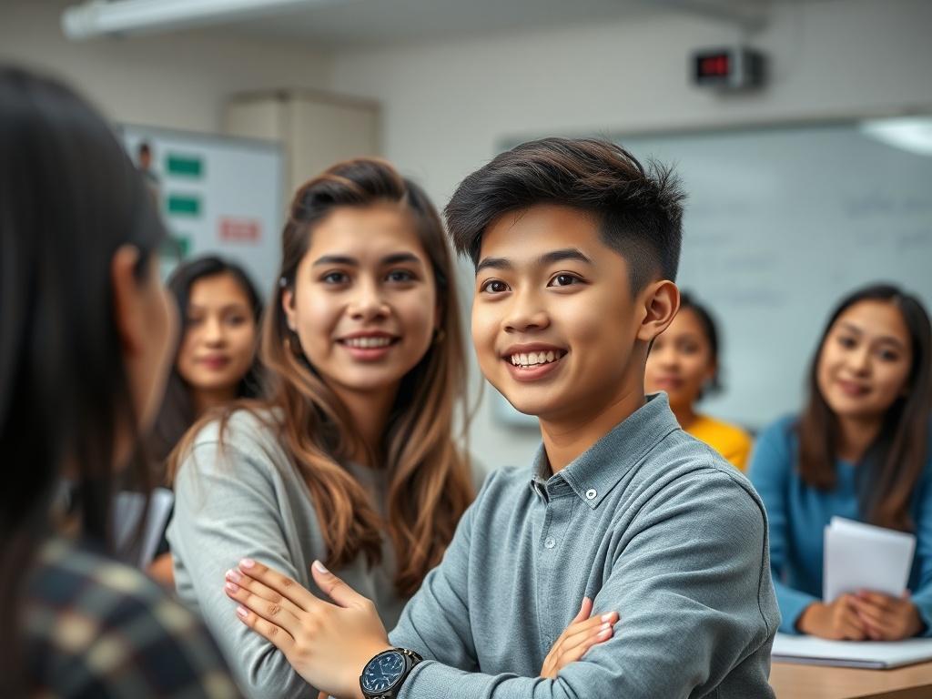 A high-resolution close-up shot of a student confidently presenting in front of a small group, with a mix of engaged peers and a supportive instructor. The background should show a modern classroom setting with a whiteboard and learning materials, capturing the essence of an interactive and encouraging environment.