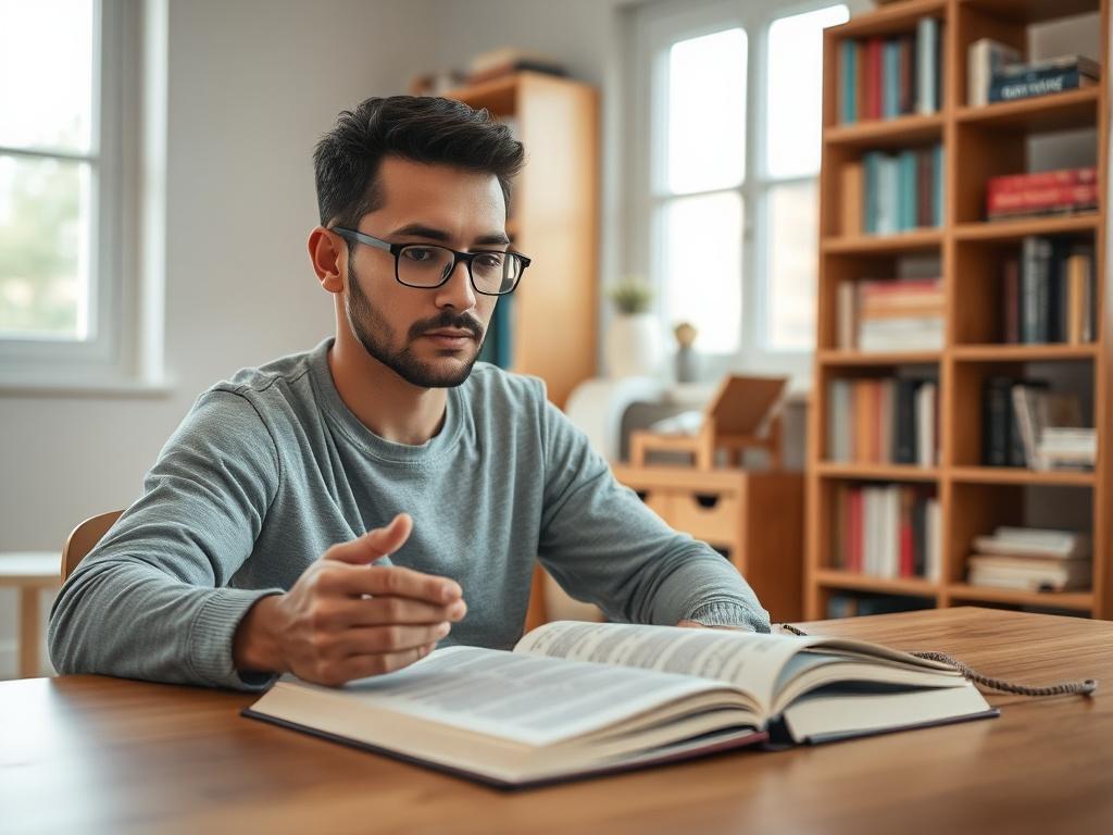 Create a realistic high-resolution photo that captures a dedicated adult learner engaged in a one-on-one English tutoring session to reflect the blog titled "How AEI Helps Students Achieve English Fluency in Corona." The subject should be a focused adult student, sitting at a wooden desk, attentively reading from an open textbook that features the English language. Ensure the student exhibits expressions of concentration and engagement, with their hand resting on the book.

The background should be softly b