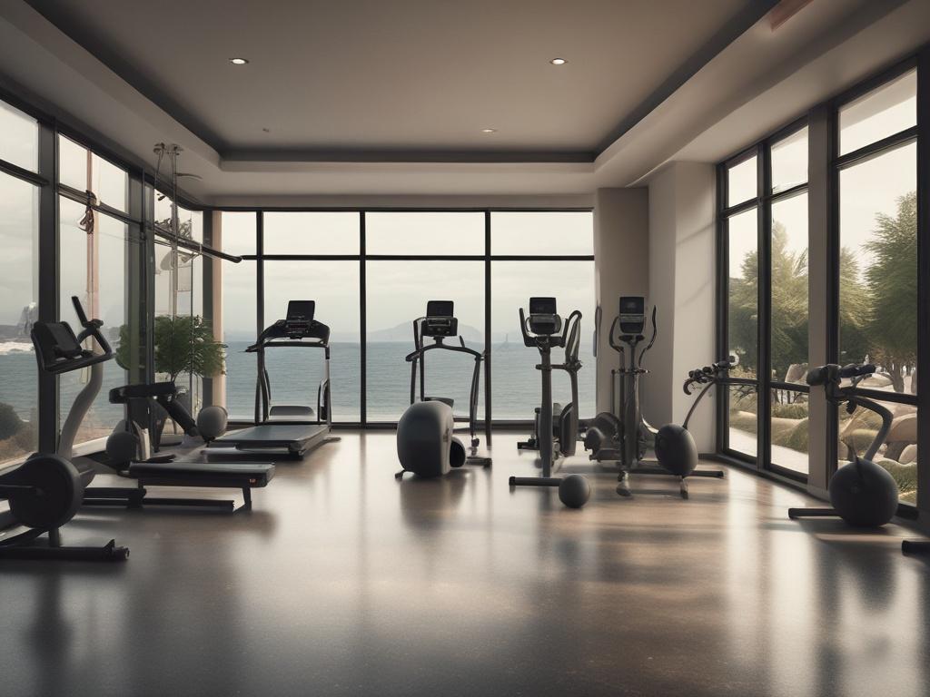 luxury gym, private fitness, ocean view, high-end equipment, personal trainer