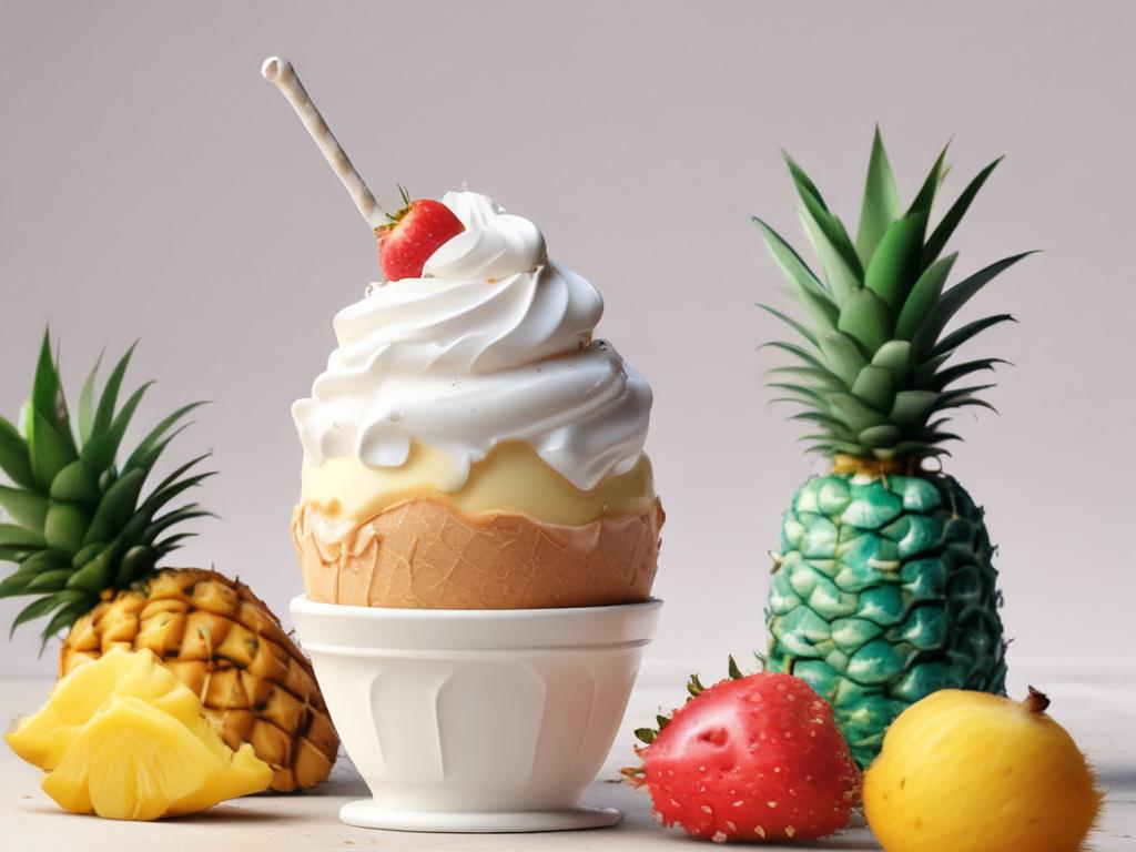 realistic high-resolution photo of a tropical ice cream sundae with coconut and pineapple flavors, fresh fruit toppings, coconut cream drizzle, minimalistic composition with clean lines, bold vibrant colors, life-like details, simple background.