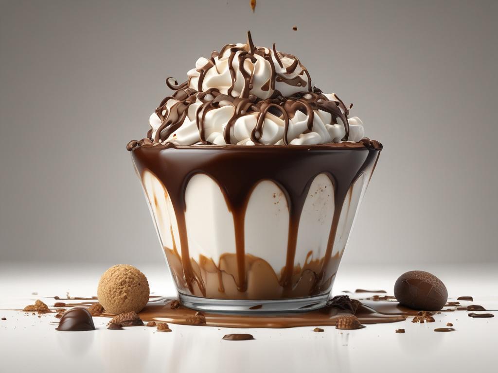 realistic high-resolution photo of a chocolate sundae with chocolate fudge sauce, cookie crumbles, whipped cream, and caramel drizzle, minimalistic composition with clean lines, bold vibrant colors, life-like details, simple background.