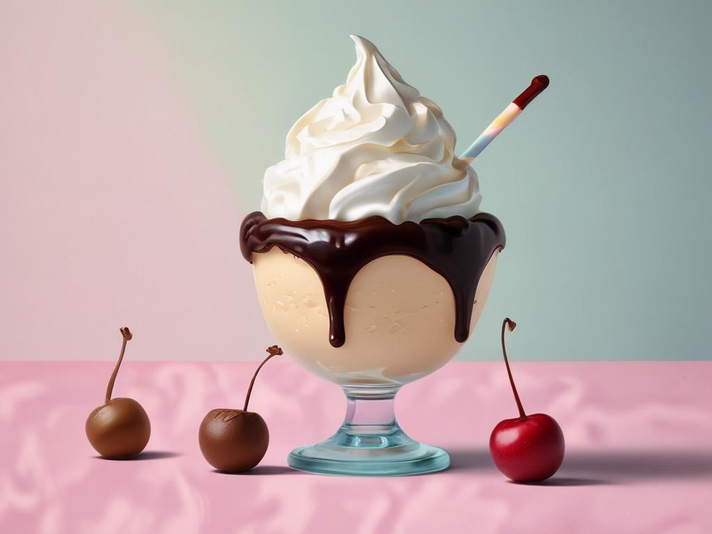 photorealistic image of a classic ice cream sundae with chocolate fudge, whipped cream, and a cherry on top, colorful and vibrant, minimalistic background with clean lines
