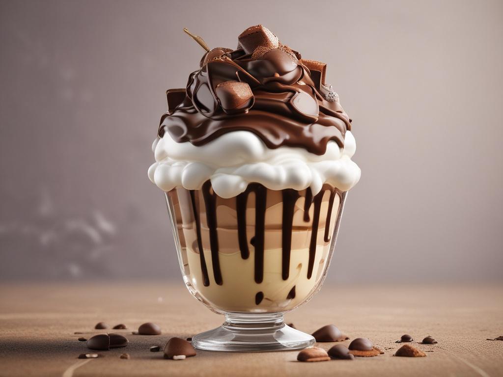 high-resolution photorealistic image of a chocolate sundae with chocolate syrup, brownie pieces, and whipped cream, rich colors, simple background emphasizing the dessert