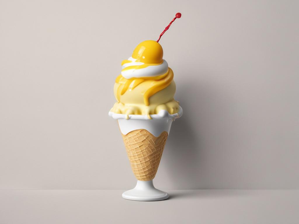 a realistic high-resolution photo of a tropical ice cream sundae with coconut soft serve, fresh mango and pineapple, passion fruit drizzle, minimalistic background with a focus on the sundae, vibrant colors
