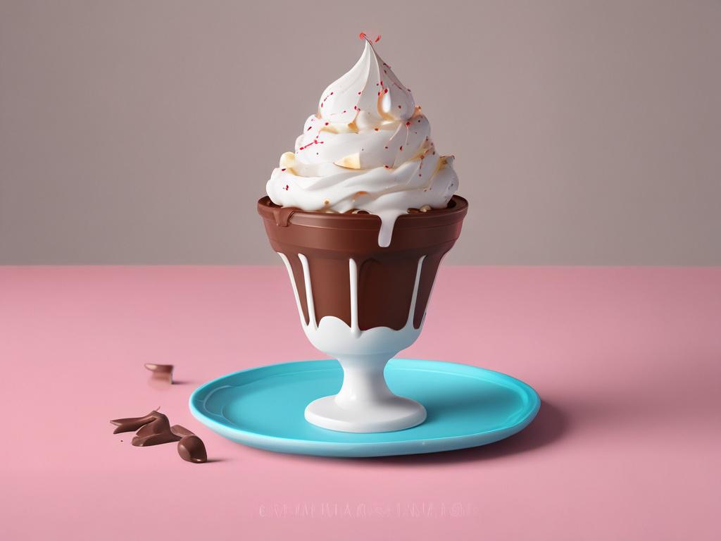 a realistic high-resolution photo of a classic ice cream sundae with soft serve, rich chocolate fudge, whipped cream, cherry on top, minimalistic background with a focus on the sundae, vibrant colors