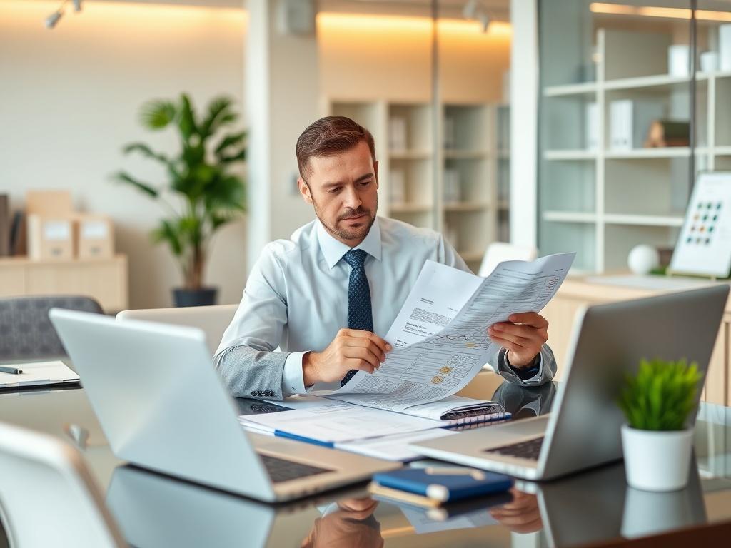 A realistic high-resolution photo of a professional financial consultant working at a desk, analyzing tax documents and financial reports in an office setting. The consultant is focused and wearing business attire. The background features a clean and organized workspace with a laptop, notepad, and a small plant. The overall atmosphere is professional and inviting.