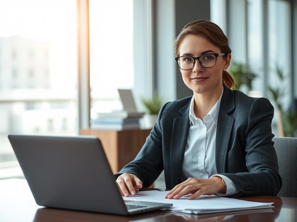 A hyper-realistic close-up shot of a business professional sitting at a desk with documents and a laptop, looking confidently at the camera. The background should be a modern office environment with soft lighting, focusing on the professionalism and clarity of the business formation process. The colors should complement the primary color rgb(2, 86, 197).