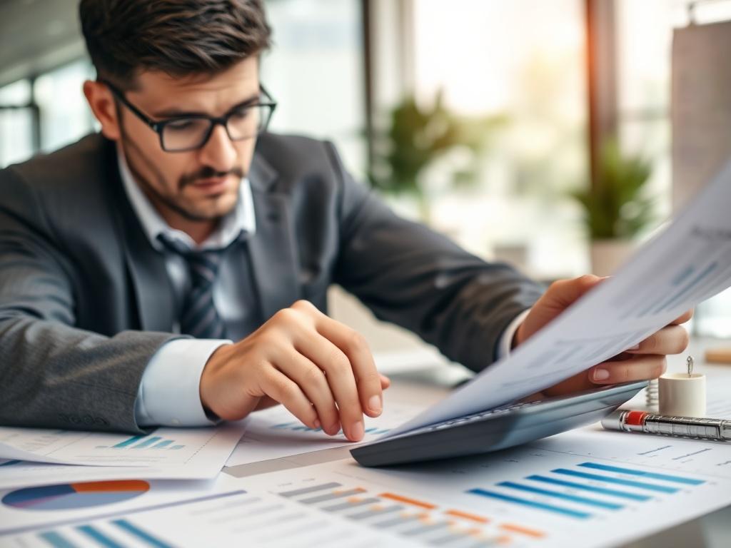 A close-up shot of a professional tax consultant analyzing financial documents with a calculator, surrounded by charts and graphs. The consultant is focused and wearing business attire. The background is a modern office setting with soft lighting, emphasizing a clear, organized workspace. Use hyper-realistic rendering to capture details and textures. The color scheme should be compatible with rgb(40, 93, 225).