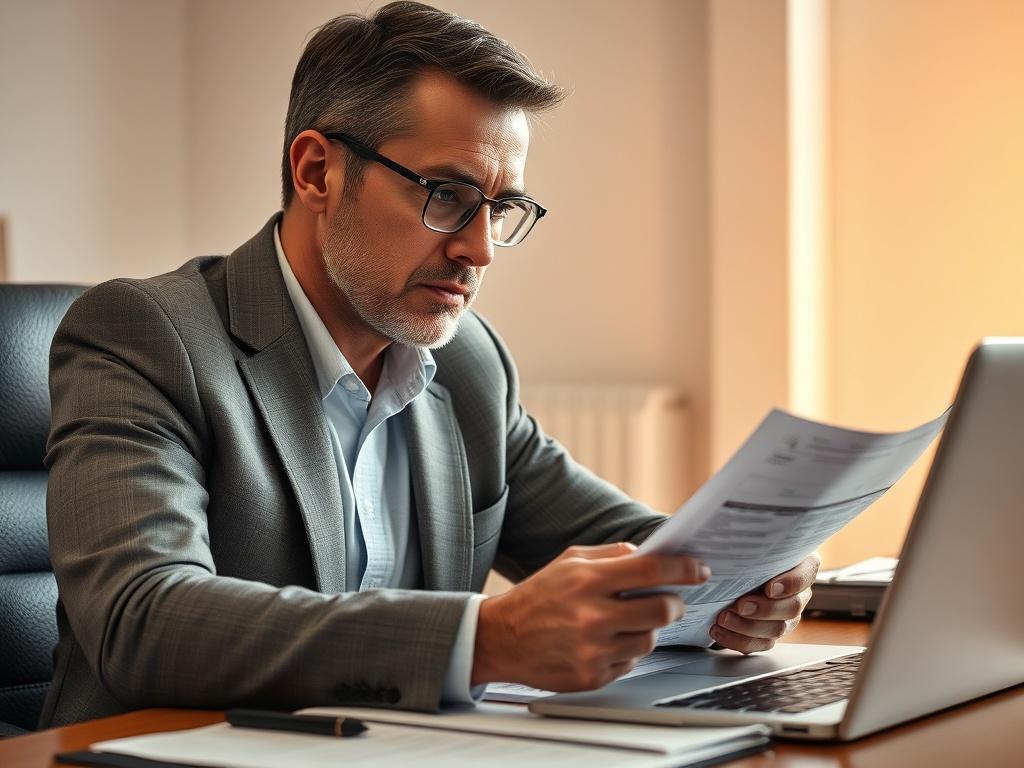 A realistic close-up shot of a professional tax preparer sitting at a desk with documents and a laptop, analyzing tax forms with a focused expression, warm lighting, and a clean background.