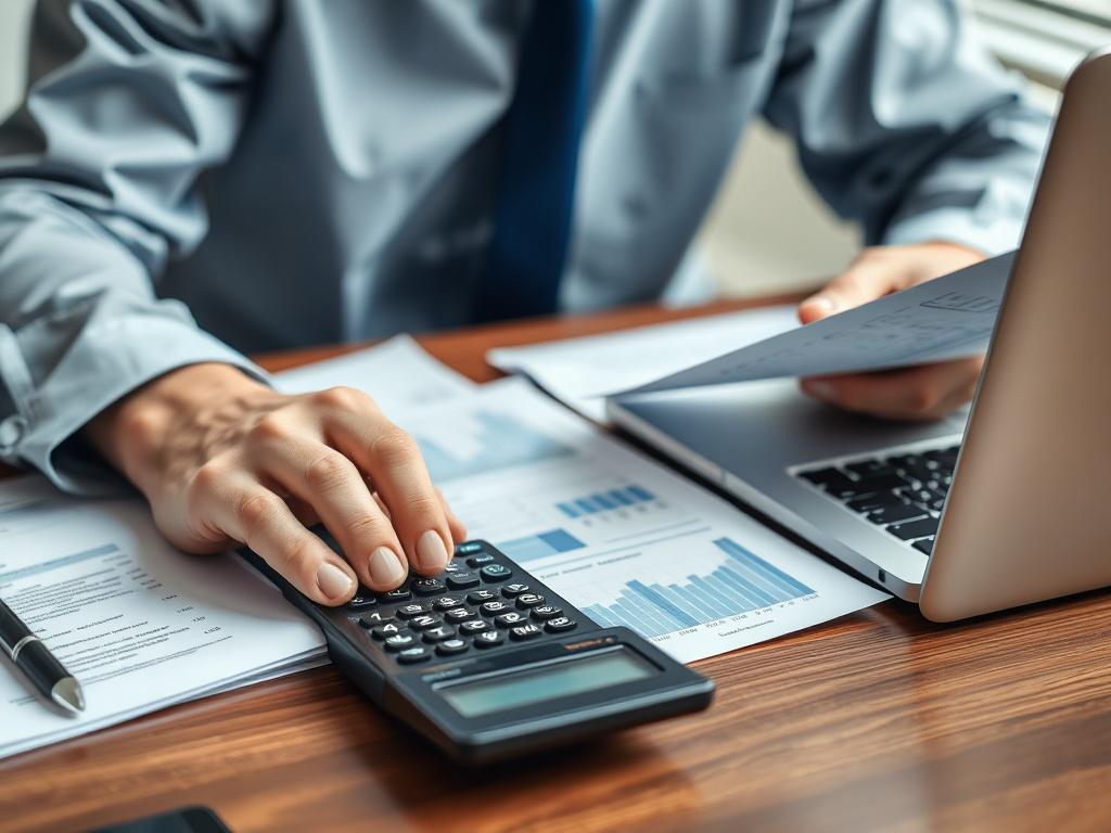 A hyper-realistic close-up of a financial consultant reviewing accounting documents with a calculator and a laptop on a desk, showcasing a well-organized workspace and focused demeanor.