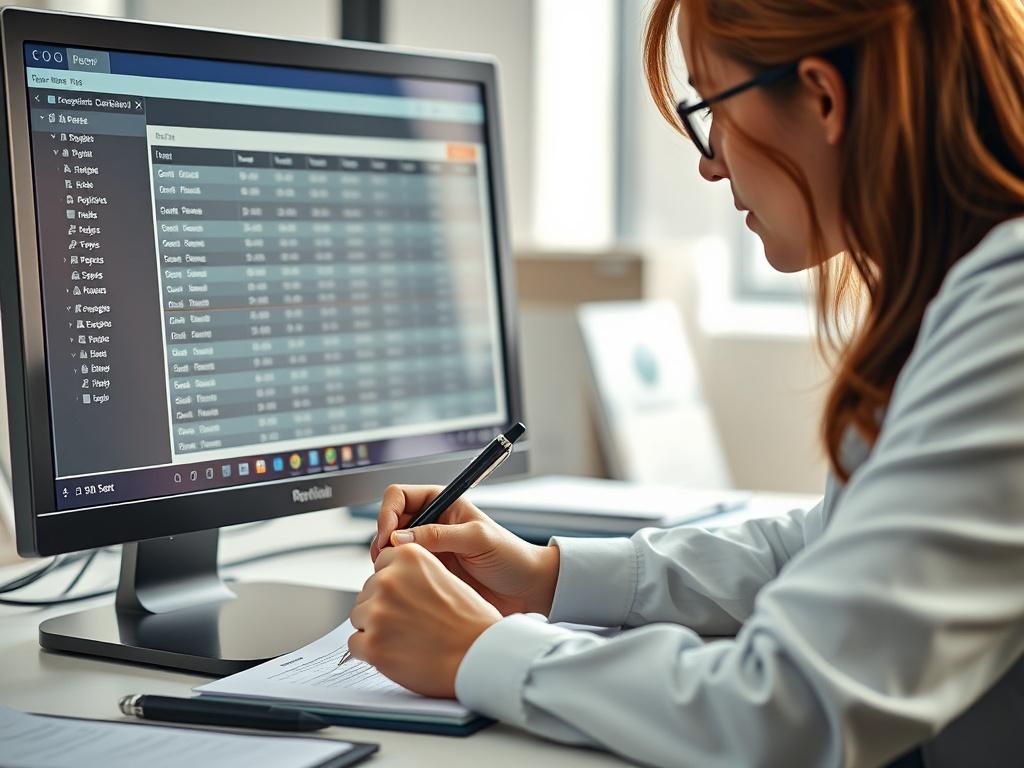 A realistic close-up of a payroll specialist at a desk with payroll software on a computer screen, reviewing employee records with a pen in hand, bright office setting.