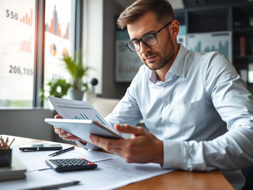 A high-resolution image showing a professional accountant reviewing financial reports on a digital tablet, surrounded by papers and a calculator. The setting should be a modern office with financial data charts on the wall. The atmosphere should be focused and analytical.