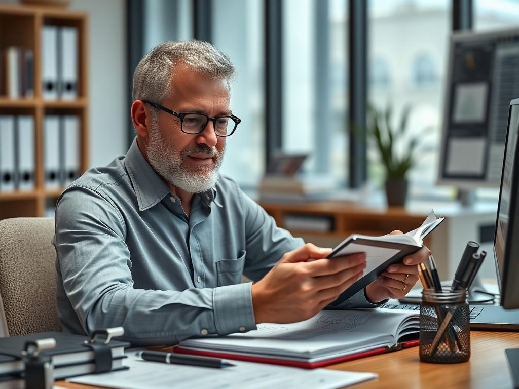 A highly detailed image of a financial accountant reviewing accounting books with a calculator in hand, sitting at a modern desk with office supplies neatly arranged. The accountant looks satisfied and focused, creating a sense of reliability and trust in their expertise.