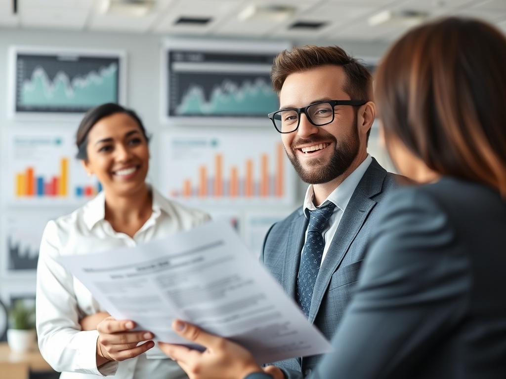 A realistic high-resolution photo of a confident financial advisor in a professional setting, smiling and engaging with a client. The advisor is holding a financial document, and the background features a modern office with financial charts on the wall. The composition should focus on the advisor and client interaction, capturing a sense of trust and professionalism.
