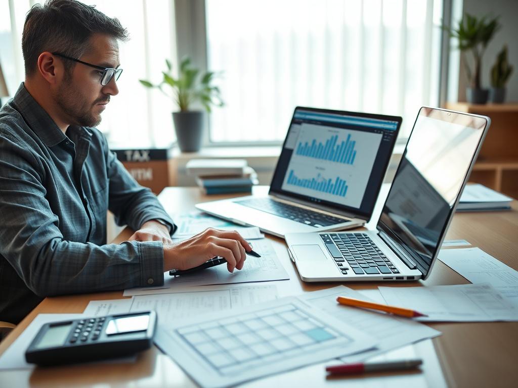 A professional tax preparer working diligently at a desk, surrounded by tax forms and a calculator, with a laptop open showing financial software, in a well-lit office environment.