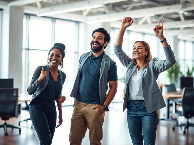 **AI Image Generation Prompt:**

Create a realistic high-resolution photo showcasing a joyful group of three diverse employees celebrating in a modern office environment, reflecting the theme of satisfaction with their health plan. The subjects should have a mix of ethnic backgrounds, showcasing inclusivity. One employee, a Black woman, should be laughing, while a Hispanic man gives a thumbs-up, and a Caucasian woman raises her fist in excitement. 

The background should feature a bright, open office space 