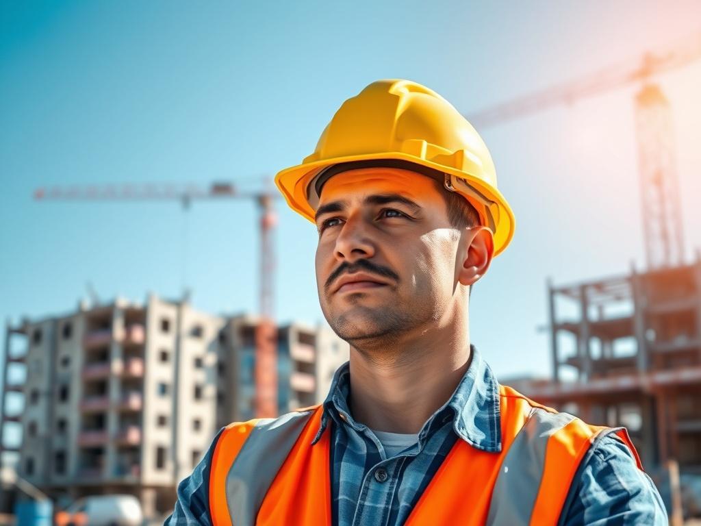 "Create a realistic high-resolution photo of a construction worker wearing a vibrant yellow hard hat, standing confidently at a construction site. The worker should be the sole subject of the image, capturing them in a candid moment as they survey their work environment. The worker’s expression should convey determination and focus. 

In the background, depict an active construction site with partially completed buildings, scaffolding, and construction equipment, ensuring the details are clear but not distr