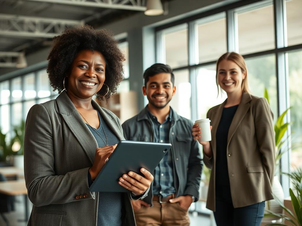 Create a realistic high-resolution photo that embodies the concept of "Health Benefits with Zero Out-of-Pocket Cost." The composition should be simple and clear, featuring a single subject: a smiling, diverse group of three employees in a modern office setting. 

The first individual is a middle-aged Black woman, dressed in business casual attire, holding a tablet and displaying a confident expression. The second is a young Hispanic man, in a smart-casual outfit, seated at a desk with a laptop, appearing en