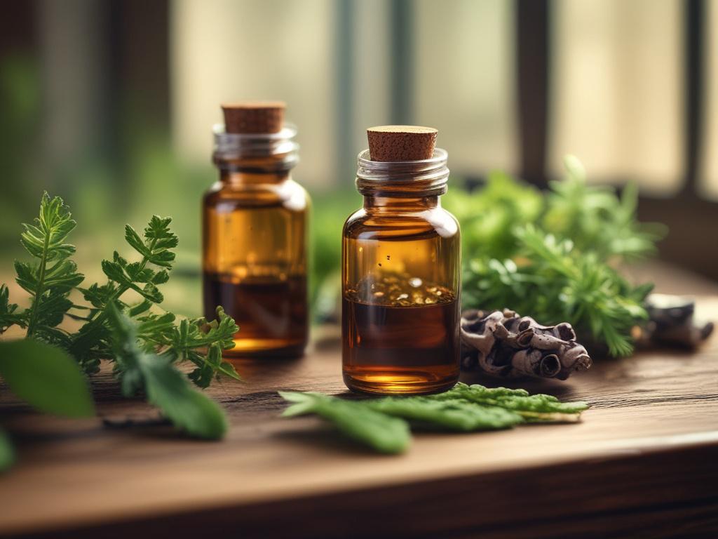 A high-resolution close-up shot of a serene natural scene featuring herbal remedies on a wooden table, with a focus on various herbs known for their anti-parasitic properties. The background should be softly blurred to emphasize the herbs, which should include elements like wormwood, cloves, and garlic. The color palette should reflect natural tones, predominantly greens and earth tones, to evoke a sense of calm and wellness.