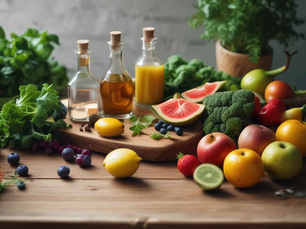 Close-up shot of a serene, inviting detox cure setup. The image features a clean wooden table with a selection of fresh fruits, vegetables, and herbs arranged aesthetically. A glass of green detox juice is prominently displayed, with a few herbs and lemon slices beside it. The background is softly blurred to emphasize the vibrant colors of the produce, and natural light gently illuminates the scene, creating a calming atmosphere.